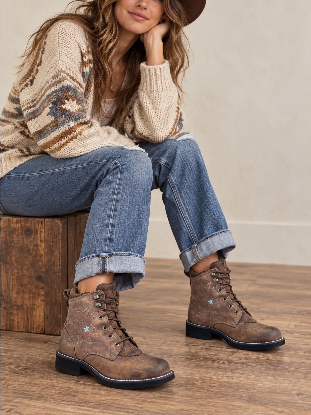 Ariat ProBaby Lacer Brown Leather Western Boots Blue Star Women’s 7B